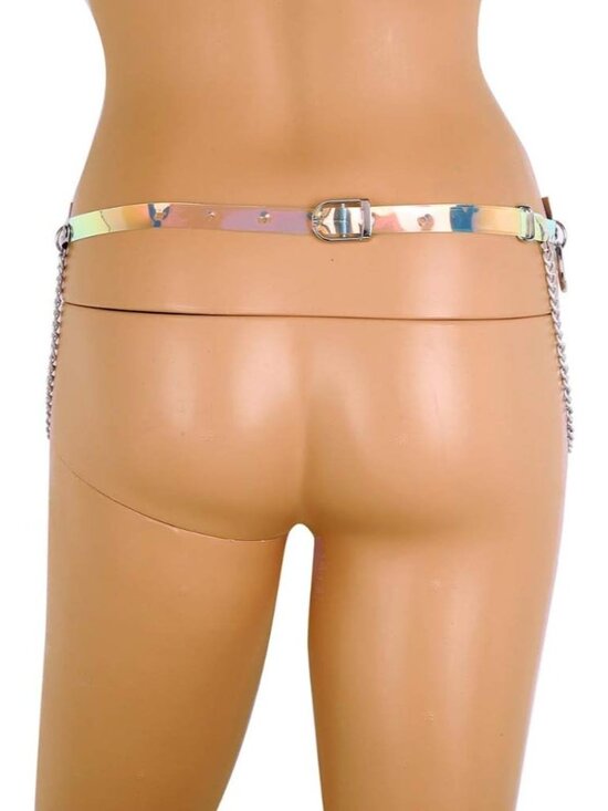 Women's Silver Holographic Body Chain Leather Gothic Punk Adjustable Waist Belt - Picture 5 of 5